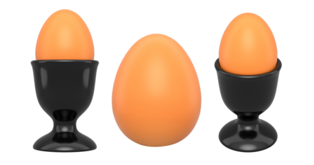 Brown eggs in black egg cups isolated on white background, concept of breakfast or food presentation.