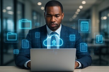 Businessman working on laptop with cloud computing icons, representing digital data storage and file management technology concept in office environment. Ai generative