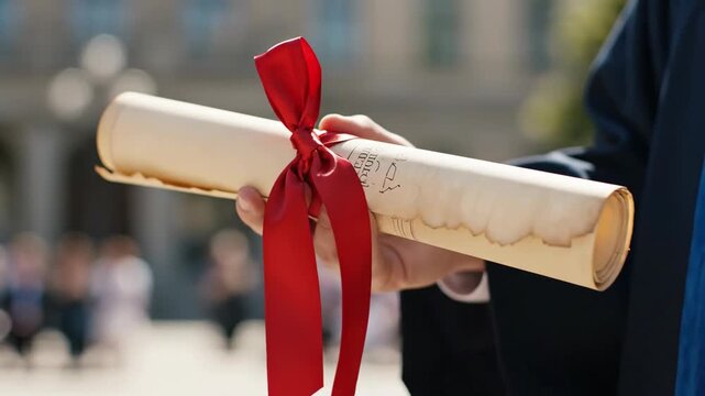 Close-up of a graduate holding a rolled diploma tied with a red ribbon. Student hands with a degree certificate at a university ceremony. Academic success and education concept