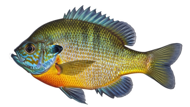 Isolated bluegill fish, freshwater bream native to North America, colorful animal species