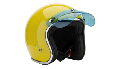 Isolated yellow motorcycle helmet with blue visor, protecting head during ride or race