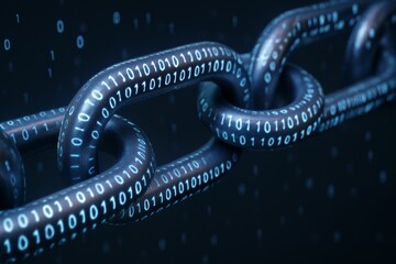 Digital binary code chain symbolizing blockchain technology and data security concept on dark background with futuristic cyber design elements. Ai generative