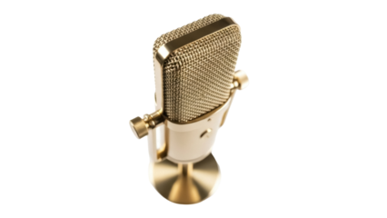 Isolated golden vintage microphone for recording or radio broadcasts on light backdrop