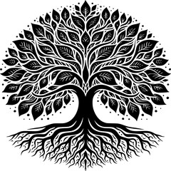 Obraz premium Tree of Life – Black & White Artistic Illustration, tree with roots