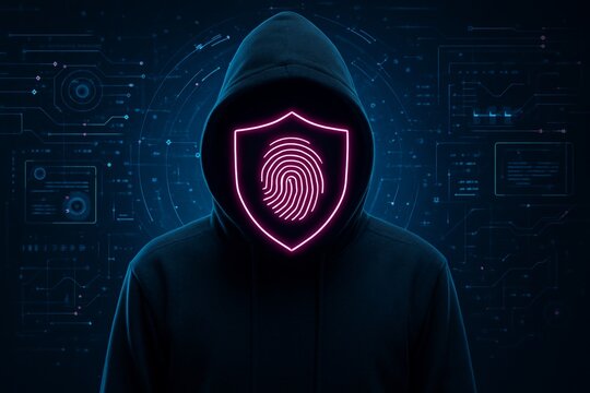 Anonymous hacker in hoodie with neon fingerprint shield on face, symbolizing digital identity protection and cybersecurity concept in technology environment. Ai generative - Powered by Adobe