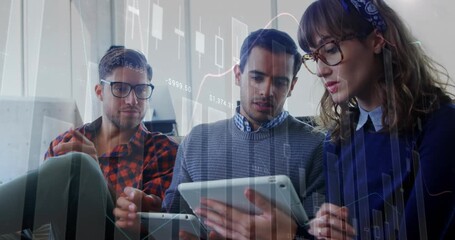 Animation of data processing over diverse colleagues discussing over digital tablet at office - Powered by Adobe