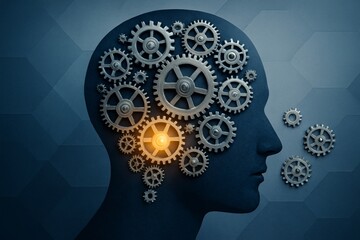 Human head silhouette filled with mechanical gears symbolizing artificial intelligence, innovation, and mental processing on blue background. Ai generative