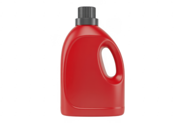 Red plastic bottle with black cap and handle detergent bottle isolated on a transparent background