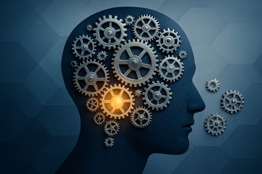 Human head silhouette filled with mechanical gears symbolizing artificial intelligence, innovation, and mental processing on blue background. Ai generative - Powered by Adobe