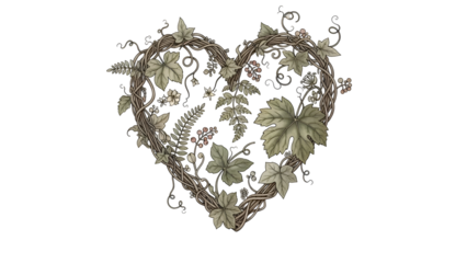 A delicate heart shape woven from intertwined vines and adorned with leaves berries and small flowers creating a natural and romantic design against a dark background