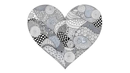 Intricate black and white heart drawing filled with diverse geometric patterns and swirls on a black background