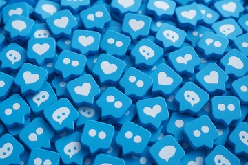 Multiple blue social media icons with heart and chat symbols scattered on a flat surface, symbolizing digital communication and interaction concept. Ai generative