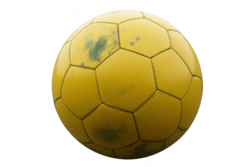 Dirty yellow soccer ball with black marks dirty ball isolated on a transparent background