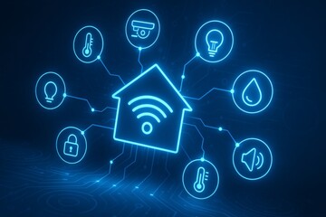Glowing smart home icon with technology symbols for automation, security, and control on blue digital background concept design in neon style. Ai generative