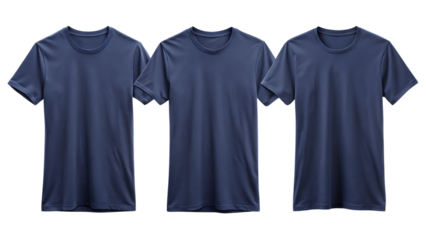 Three navy blue short sleeve crew neck t shirts isolated on a transparent background navy blue t shirts