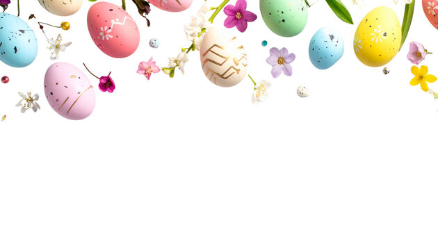 An illustration of colorful Easter eggs and spring flowers, creating a beautiful holiday decoration with flowers on a white background