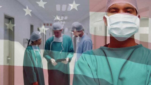 Animation of flag of colombia waving over surgeons in operating theatre