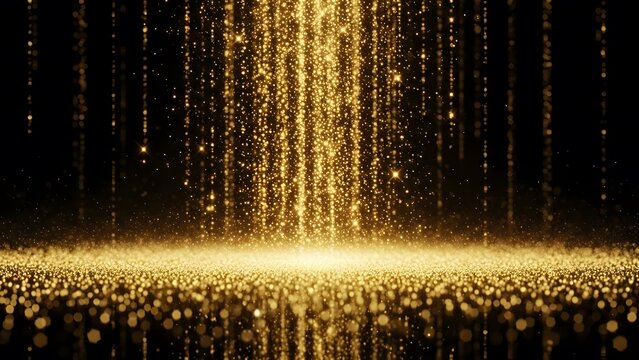 Elegant abstract background featuring golden sparkling dust particles falling onto a reflective dark surface with shimmering light effects. - Powered by Adobe
