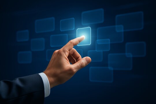 Businessman's hand touching glowing digital button on futuristic touchscreen interface representing modern technology concept in blue background. Ai generative - Powered by Adobe