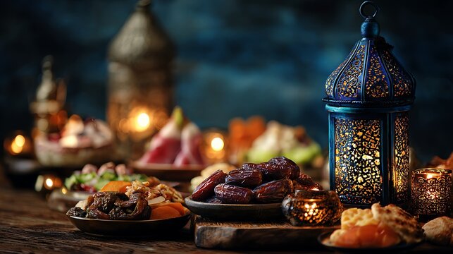 Traditional Ramadan iftar table setting with lanterns and food on a wooden table viewed from the side