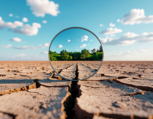 Round Mirror in Desert Reflecting Green Forest Surreal Concept