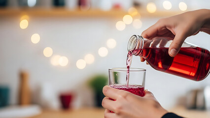 Person pouring red drink into a glass with festive lights in the background hands blurry kitchen beverage juice punch