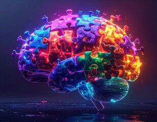 Human Brain Concept Made Of Glowing Cosmic Puzzle Pieces For Neurodiversity Awareness