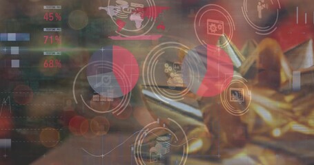 Animation of covid cells and world map with biohazard symbol over data processing - Powered by Adobe