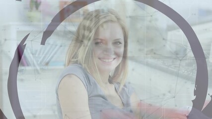 Animation of data processing and pattern over woman - Powered by Adobe