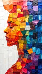Artistic Mosaic Profile Of A Woman Featuring A Rainbow Of Textured Tiles