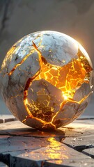 Cracked White Marble Sphere With Intense Glowing Molten Core On Ground