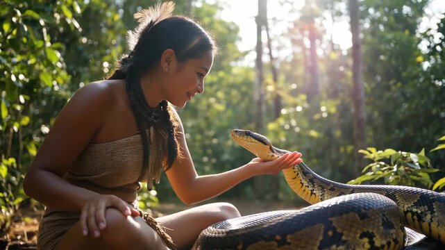 Young woman interacting gently with a large snake in a vibrant green forest during daylight, showcasing a moment of connection with nature