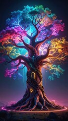 Vibrant Bioluminescent Fantasy Tree Of Life With Glowing Rainbow Leaves And Symbols