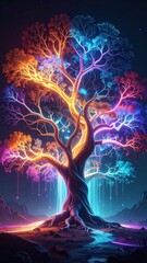 Majestic Glowing Fantasy Tree With Golden And Blue Light Branches At Night