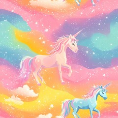 Naklejka premium Unicorns prance across a magical pastel tie dye vista, casting rainbow glimmer on a dreamy kawaii landscape