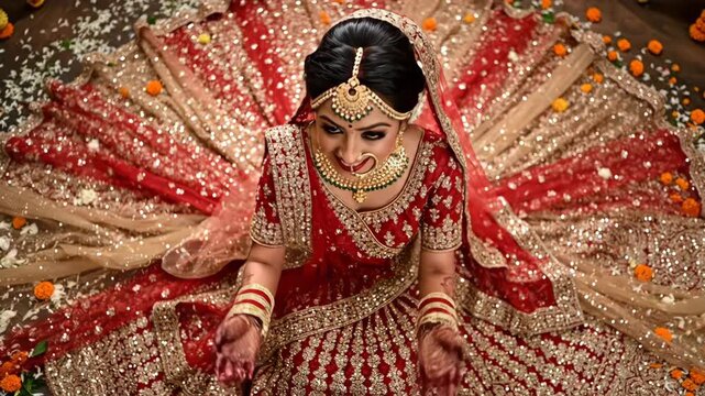 A beautiful Indian bride in a traditional red lehenga poses for the camera. High-angle view of a smiling woman in ornate jewelry. Hindu wedding celebration concept