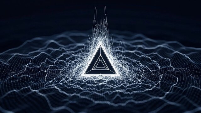 Struktur segitiga bercahaya dengan efek cahaya dinamis.