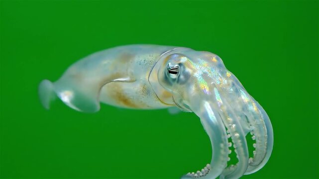 A close-up shot of a translucent cuttlefish swimming gracefully against a vibrant green background, showcasing its intricate patterns and tentacles.