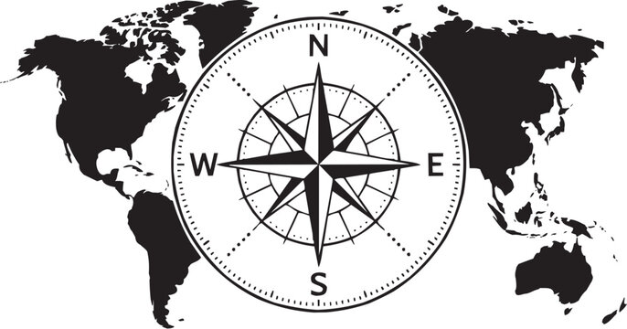 Conjunto de iconos vectoriales de servicio de navegaci&oacute;n: rosa de los vientos, norte, sur, este, oeste, orientaci&oacute;n en silueta negra.