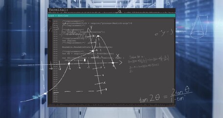 Animation of mathematical equations and data processing over server room - Powered by Adobe