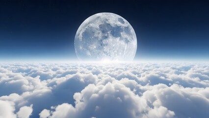 Breathtaking cinematic view of a giant full moon rising over a vast sea of white fluffy clouds under a dark blue twilight sky.