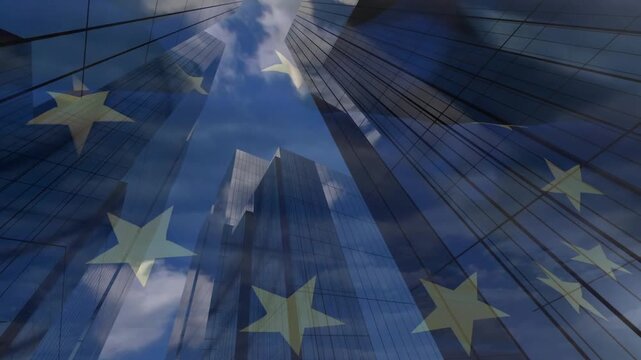 This video is a digitally generated simulation of the flag of europe waving against a sky and clouds