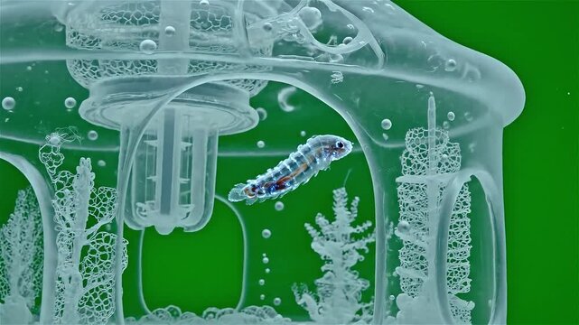 A microscopic view of a tardigrade-like organism swimming within an intricate, transparent micro-habitat structure against a vibrant green background.