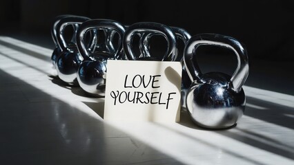 Kettlebells on light floor with love yourself card in sunlight