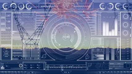 Animation of data processing and fireworks over electricity pylons and landscape - Powered by Adobe