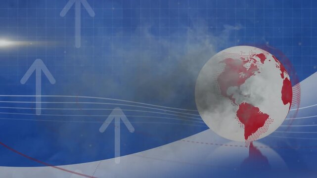 Animation of smoke over arrows and globe on blue background