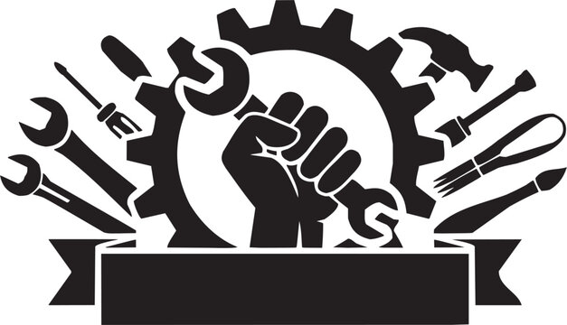 Conjunto de iconos vectoriales de trabajo mec&aacute;nico: pu&ntilde;o, engranaje, herramientas, fuerza, reparaci&oacute;n, industria en silueta negra.