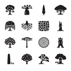 Collection of diverse tree icons and illustrations showcasing various species and arboreal elements