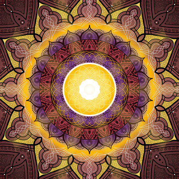 Mandala color&eacute; aux tons chauds avec motifs floraux et g&eacute;om&eacute;triques, illustration spirituelle et d&eacute;corative inspir&eacute;e de la g&eacute;om&eacute;trie sacr&eacute;e