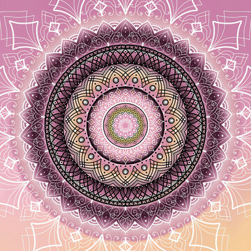 Mandala rose et mauve aux motifs floraux et g&eacute;om&eacute;triques, illustration spirituelle douce et d&eacute;corative inspir&eacute;e de la g&eacute;om&eacute;trie sacr&eacute;e